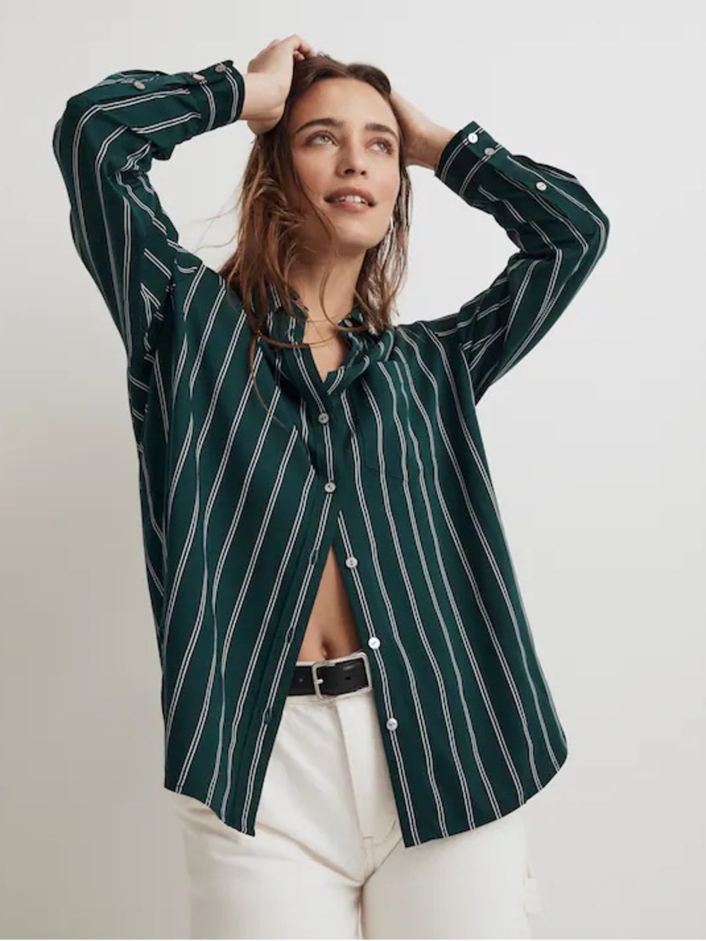Madewell Satin Oversized Boyshirt in Stripe Smoky Spruce Size Small